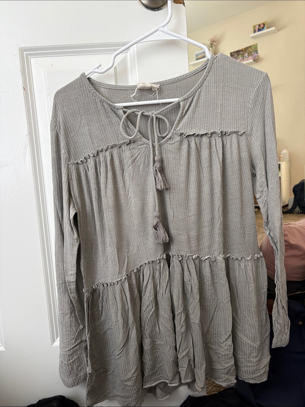 PPLA Light Gray Ribbed Tassel Tie Peasant Top